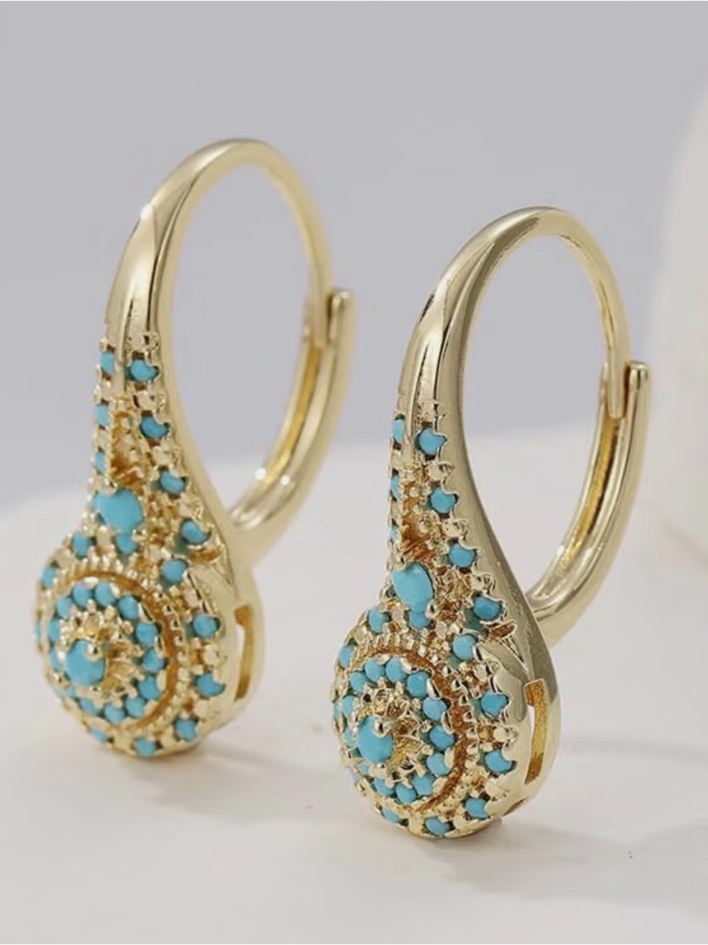 Gold Plated Turquoise Teardrop Hoop Earrings, Statement Small, multicolour